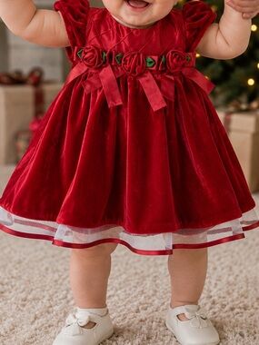 Bonnie Baby Red Velvet Baby Dress with Rosette Trim SZ 3/6months EUC